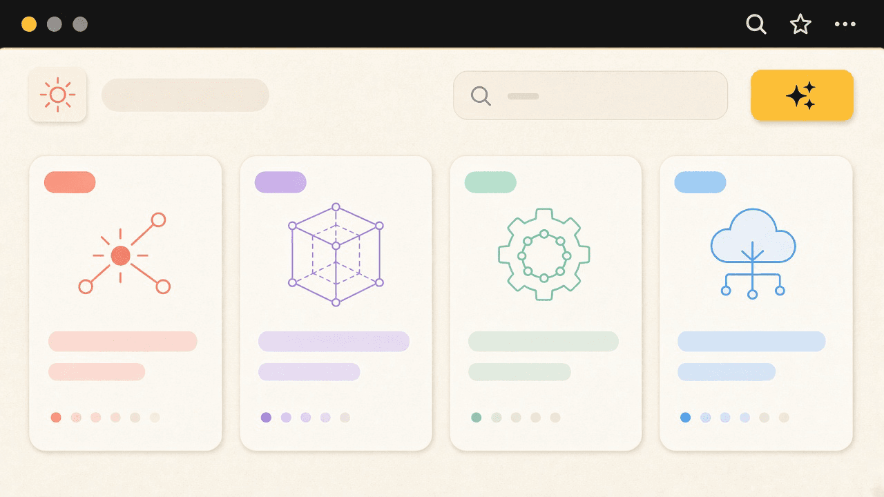 Spectrum Warm frame for the Build AI cluster, with coral, violet, mint, and sky marks on warm paper.